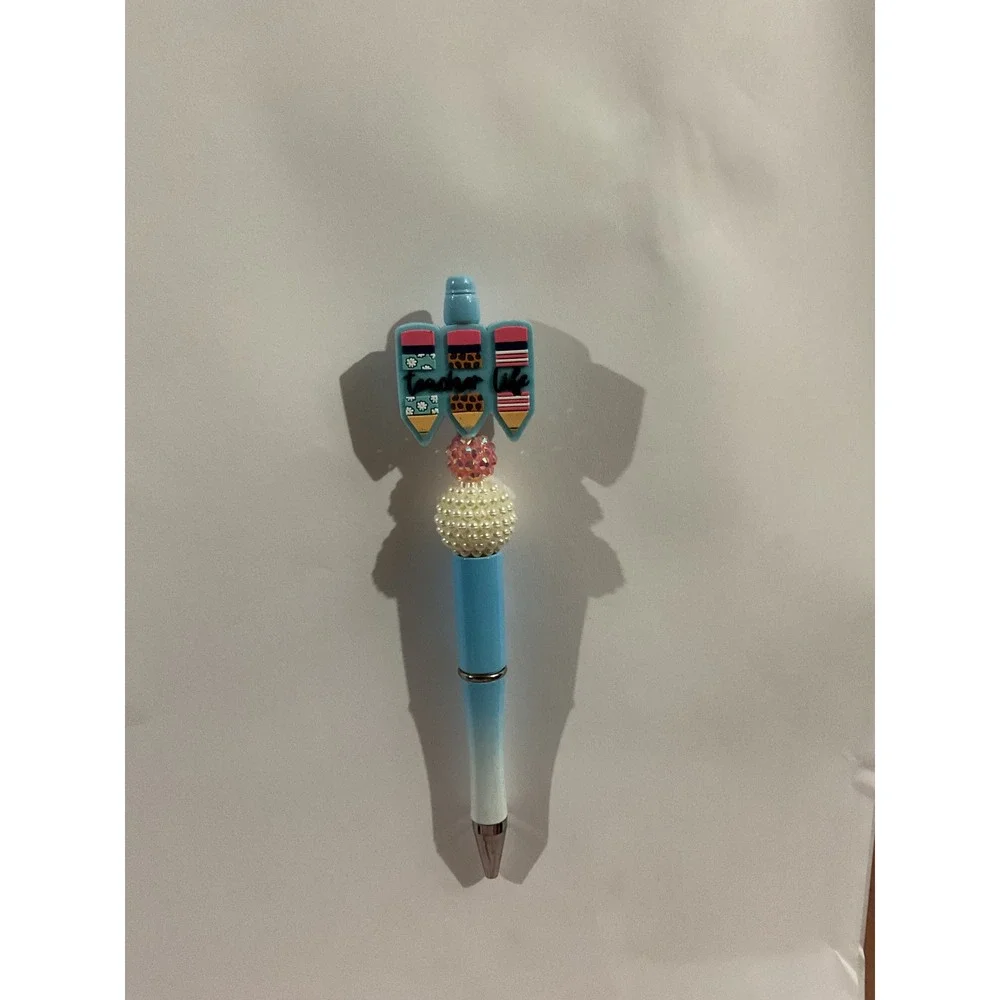 Teacher Life Silicone Beaded Pen Blue Ombre Pencil Charms School Gift Ballpoint